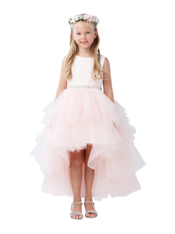 Little Girls Blush Lace Bodice Beaded Sash Hi-Low Flower Girl Dress 2-6 - SophiasStyle.com